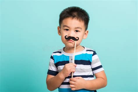 Funny Happy Hipster Kid Holding Black Mustache Stock Image Image Of