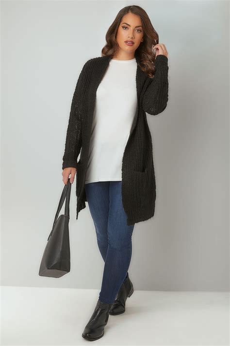 Black Chunky Knit Longline Cardigan Plus Size 16 To 36