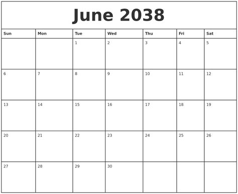 June 2038 Printable Monthly Calendar