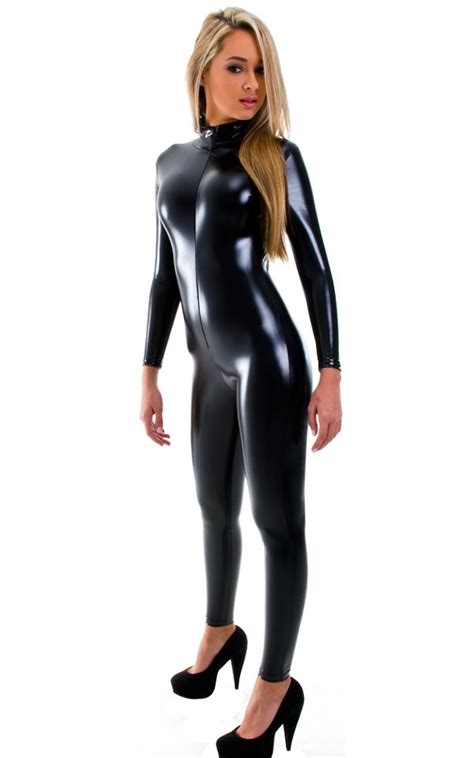 Front Zipper Catsuit Bodysuit For Women In Gloss Black Superstretch Vinyl Lycra Spandex