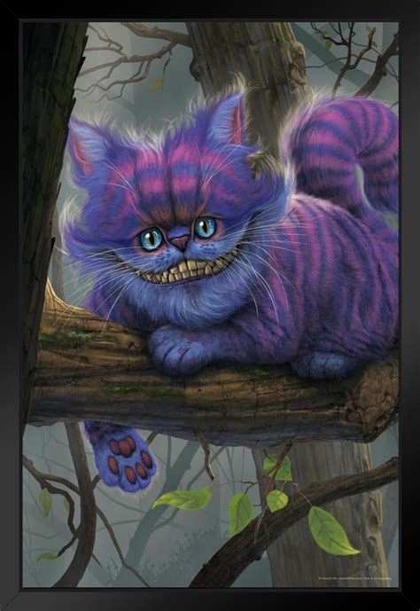 Alice In Wonderland Cheshire Cat In Tree By Vincent Hie Fantasy Art Print Black Wood Framed
