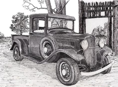 Pencil sketch trucks, van lorry vehicles. 1934 Ford Truck Drawing by Jimmy McAlister