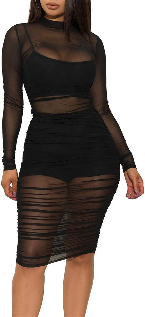 sprifloral women long sleeve bodycon dress sexy see through sheer mesh cover up ruched dress