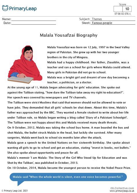 Biography Malala Yousafzai English Esl Worksheets Pdf And Doc