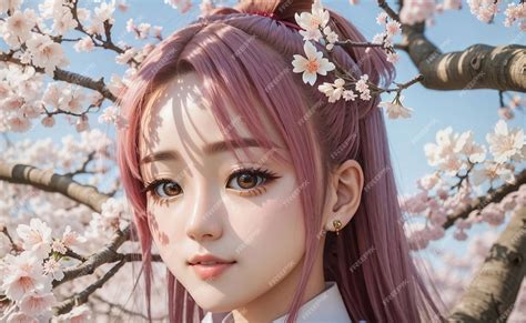 Premium Ai Image Pretty Girl With Pink Cherry Blossom Background
