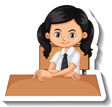 Student Girl Sit At Desk Cartoon Sticker 3100598 Vector Art At Vecteezy