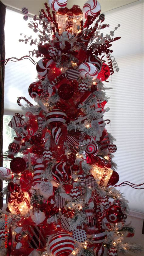 Red And White Tree Decorated By Mindy Meyersick Flocked Christmas