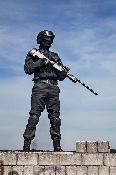 Swat Police Sniper In Black Uniform Photograph By Oleg Zabielin Fine