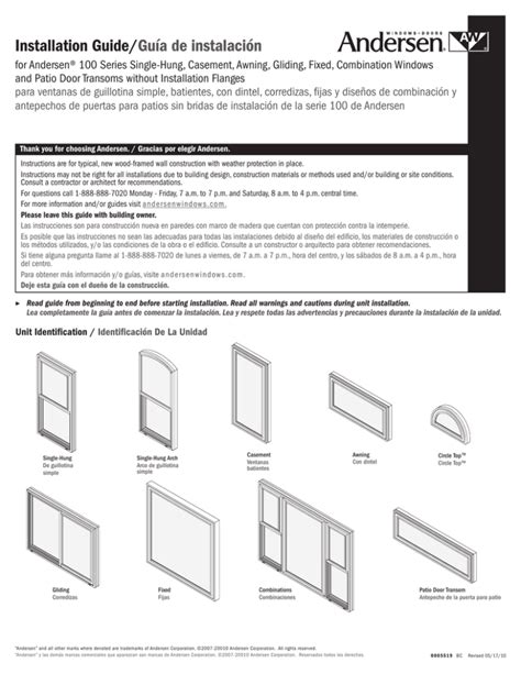 Installation Guide For Andersen 100 Series Single