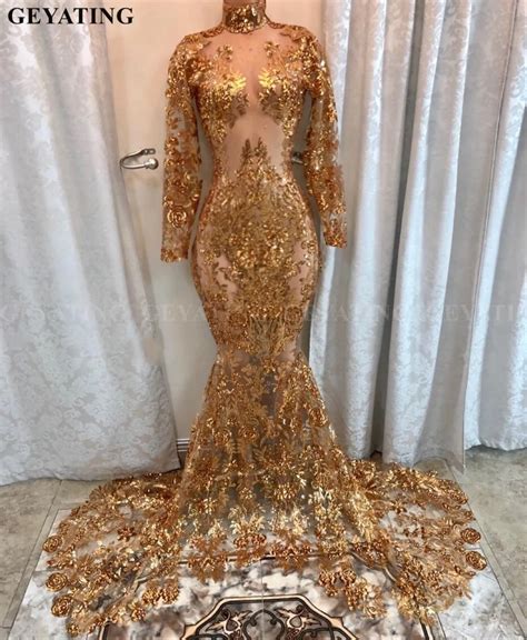 Buy Sparkly Sequin Long Sleeves Mermaid Gold Prom Dresses For Black Girl 2019