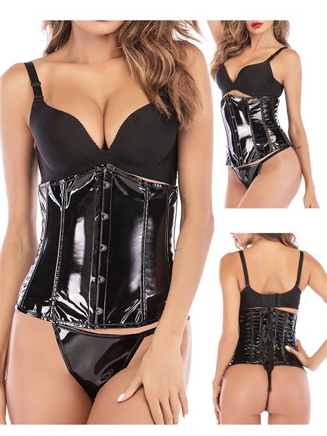 aling women corset vinyl underbust corset lace up boned gothic waist cincher bustier firm