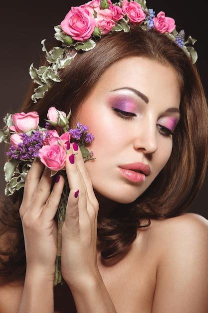 Premium Photo Beautiful Brunette Woman Iwith A Gentle Romantic Makeup