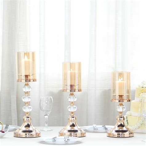 Set Of 3 Gold Metal Pillar Candle Holder Set With Hurricane Glass