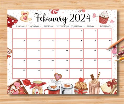 Editable February 2024 Calendar Happy Valentine With Sweet Desserts