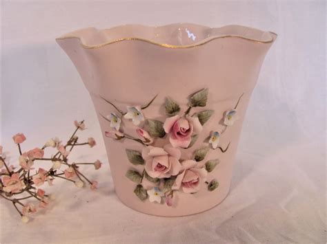 Lefton Pink Bisque Flower Pot With Sculpted Roses Hand Painted Etsy