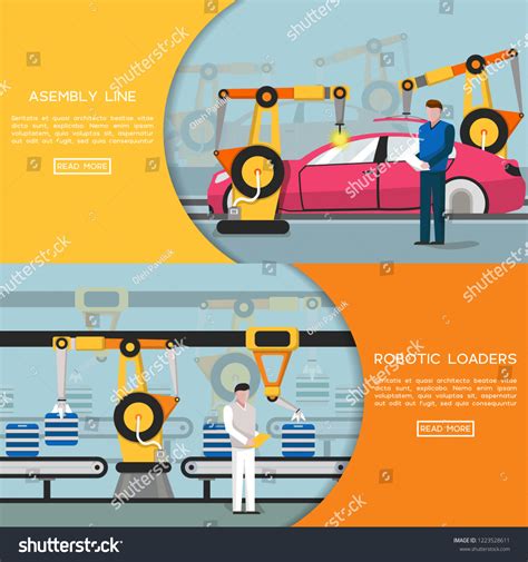 Automation Horizontal Banners Assembly Line Robotic Stock Vector