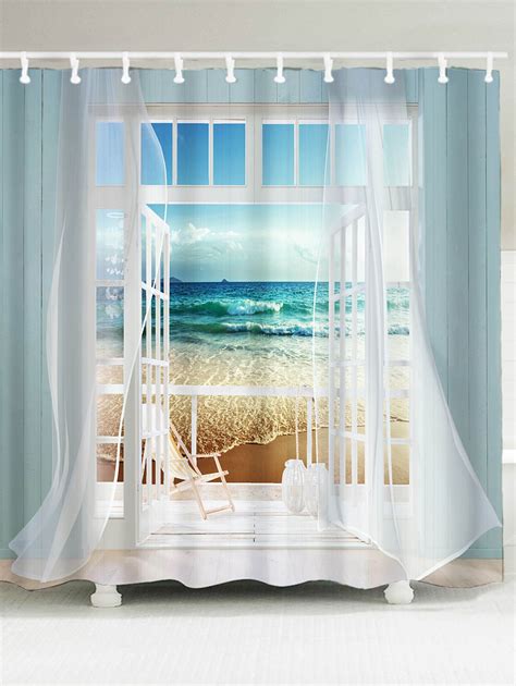 A shining collection shower curtain. 2018 Waterproof Window Frame Ocean Scene Printing Shower ...