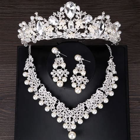 fashion crystal crown simulated pearl bridal jewelry sets necklace earring sets for women