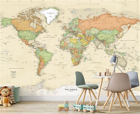 Giant World Map Wall Mural Antique Oceans Political Wall Sized