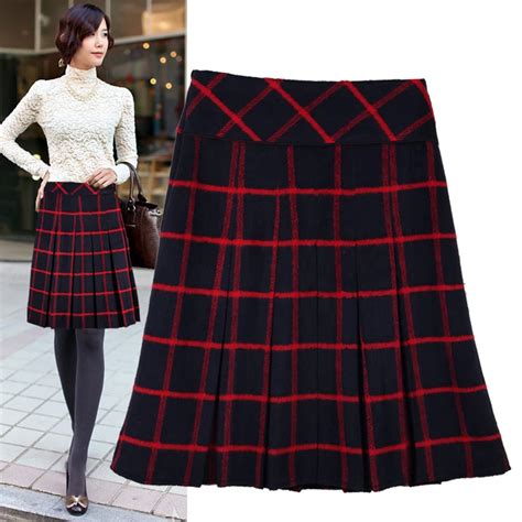 Autumn Winter Women Pleated Skirt Classic Plaid Skirt All Match Gentlewomen High Waist Woolen