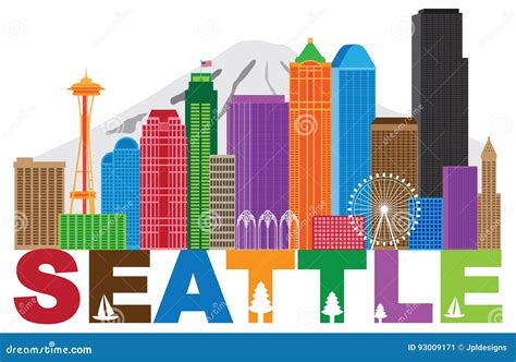 Seattle City Skyline Andtext Colors Illustration Stock Illustration