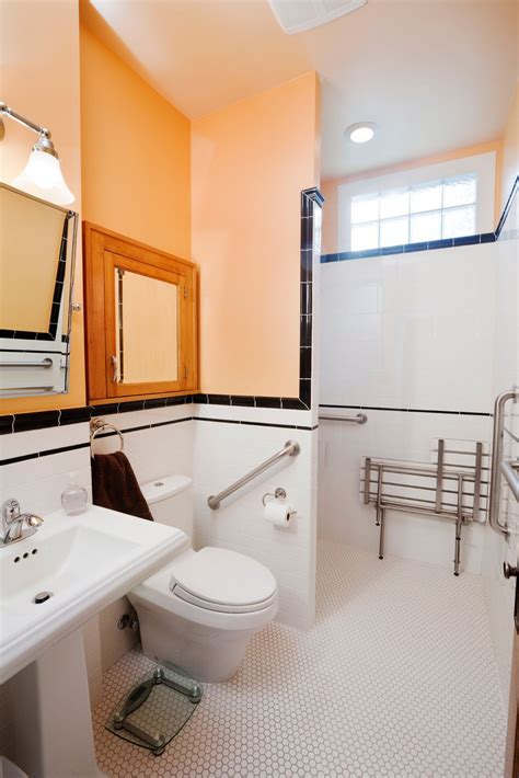 Handicap Bathroom With Orange Wall Colors And Ceramic Tiles Handicap
