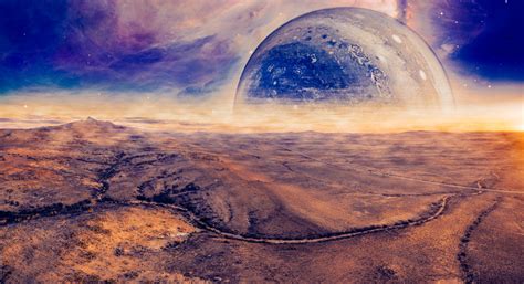 Alien Fantasy Panoramic Landscape Unreal Planet Rising Over Desert