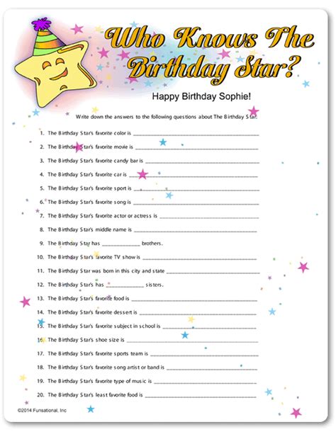 Printable Who Knows The Birthday Star 70th Birthday Parties Birthday