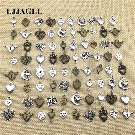 Ljjagll 20pcs Bronze Silver Metal Mix 10kinds Hearts Pendants Jewelry