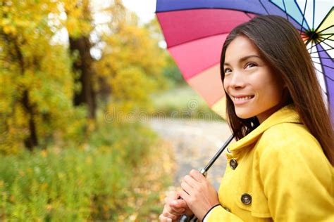 Woman Happy With Umbrella Under The Rain Stock Photo Image Of