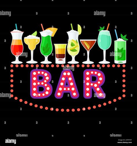 Neon Bar Sign With Colorful Cocktails Vector Design Illustration Of Glowing Alcohol Banner