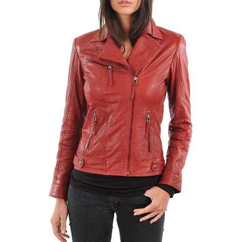 Womens Red Lambskin Leather Biker Jacket Jacket Empire