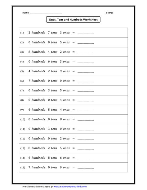 Ones Tens And Hundreds Worksheet With Answers Download Printable PDF Templateroller
