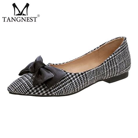 Tangnest Classic Gingham Pointed Toe Flats Women Fashion Bowtie Shallow