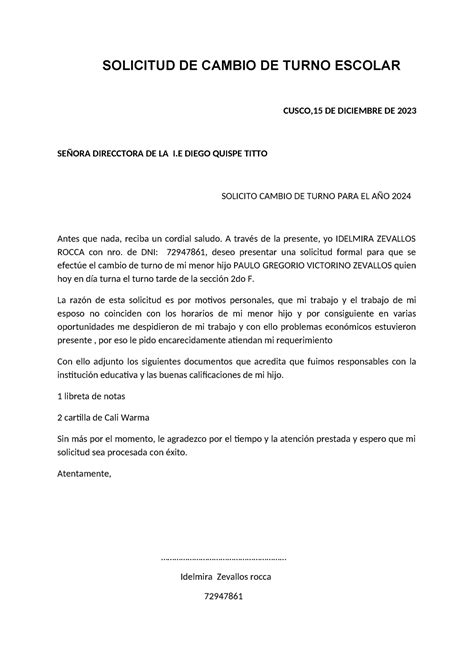 Carta De Solicitud De Cambio De Turno Escolar Solicitud De Cambio De