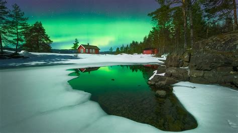 Картинки природа зима норвегия снег вода камни домики ночь
