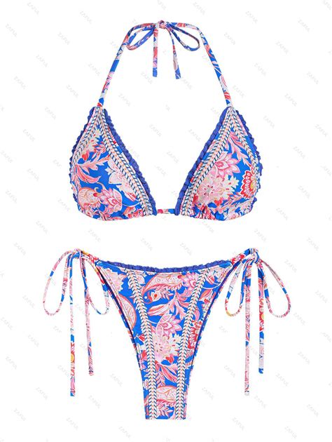 Zaful Womens Bohemian Floral Print Crochet Insert Halter Tie Triangle String Bikini Set