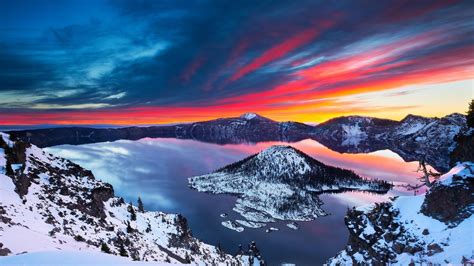 Crater Lake Beautiful Winter Snow Sunrise Mountains Clouds