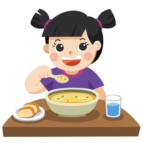 Una niña feliz de comer sopa Vector Premium
