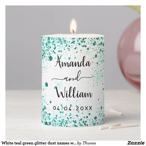 White Teal Green Glitter Dust Names Wedding Pillar Candle Zazzle