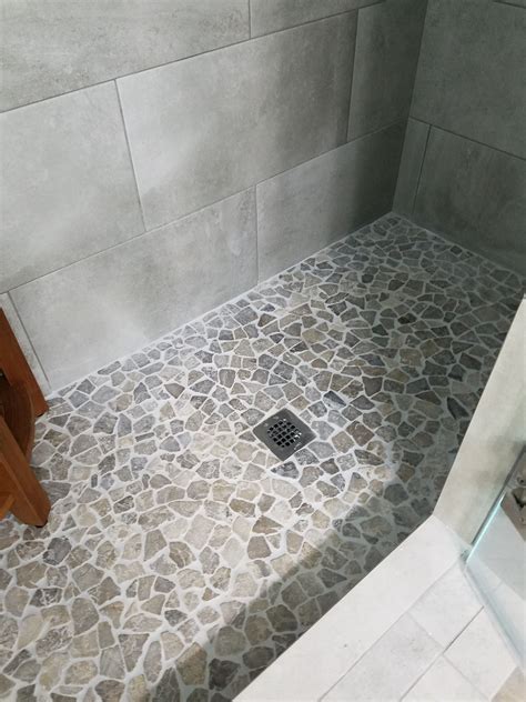 Walk In Shower In 2020 Pebble Tile Shower Pebble Tile Shower Floor
