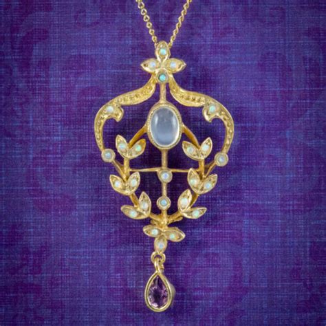 Edwardian Style Opal Moonstone Amethyst Pendant Necklace 18ct Gold On
