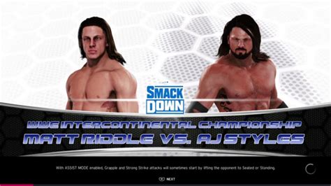 Wwe 2k20 Aj Styles Vs Matt Riddle 1 Vs 1 Match Intercontinental Title