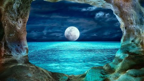 View Of Full Moon From Ocean Cave Hd Wallpaper Background Image 1920x1080 Id995696