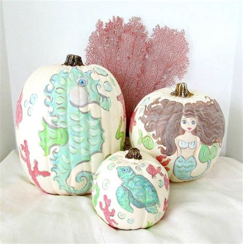 Set Of 3 Coastal Painted Faux Pumpkins Seahorse Mermaid And Turtle