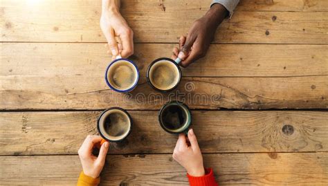 Friends Group Drinking Coffee And Cappuccino In A Bar Or Restaurant