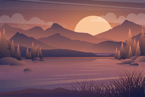Scenery In The Meadow And Lake With Sunset Cartoon Vector 2926618