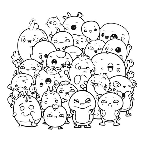 Big Group Of Kawaii Cute Creatures Coloring Pages Outline Sketch