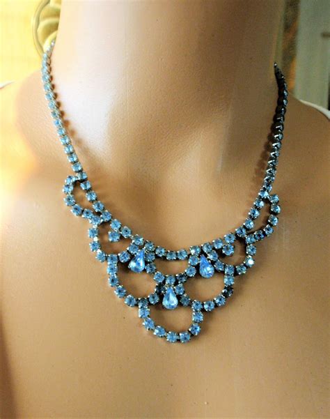 Vintage Rhinestone Jewelry Set Aqua Blue Necklace Bracelet Etsy