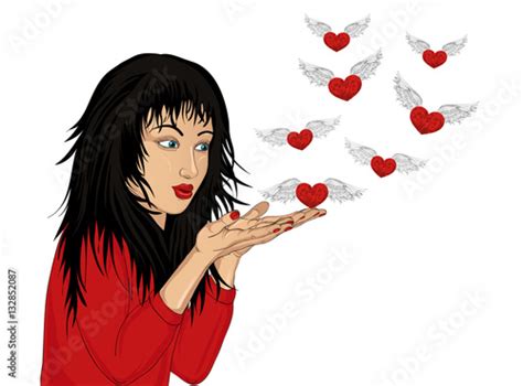 Beautiful Girl Blowing Hearts With Wings Of His Hands Vector